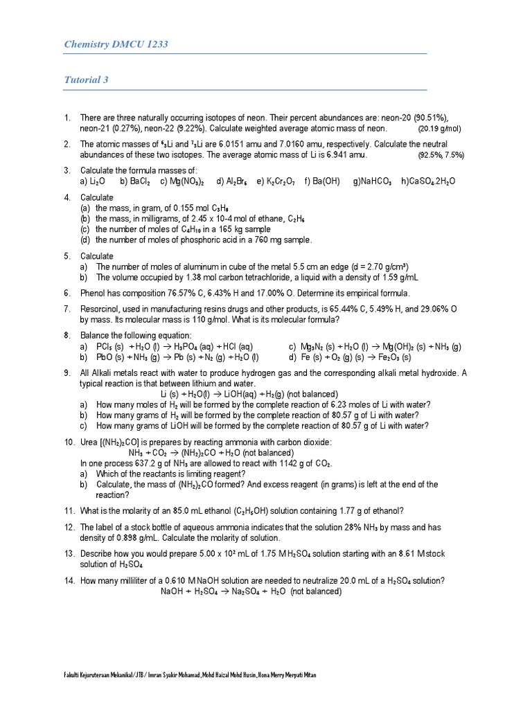 Tutorial 3 PDF Ammonia Mole (Unit)