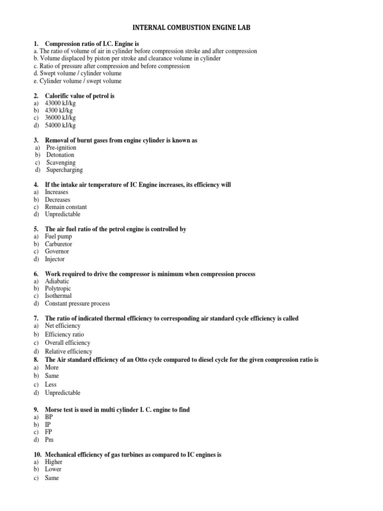 Internal Combustion Engine Quiz | PDF | Science & Mathematics | Computers