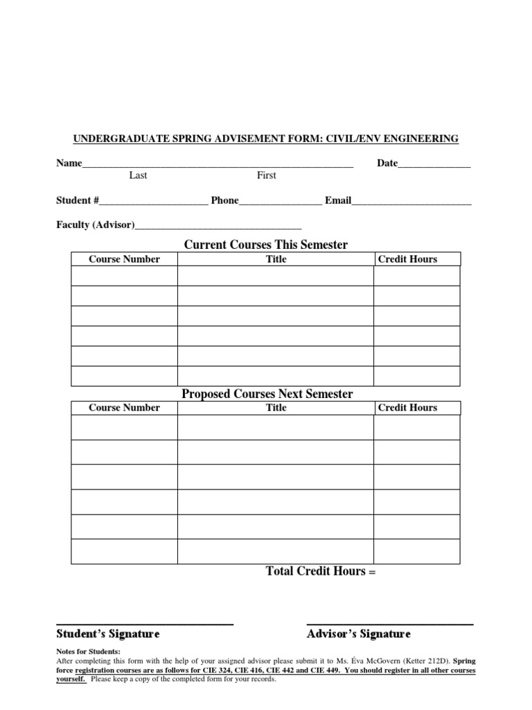 Civil Engineering Spring Advisement Form | PDF | Career & Growth