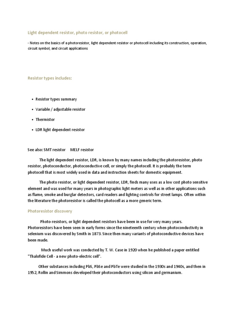 Light Dependent Resistor PDF Semiconductors Radiation