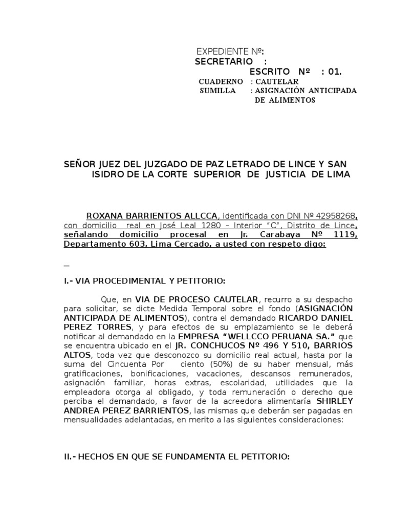 Modelo de Medida Cautelar de Asignacion Anticipada de Alimentos | PDF | Ley  procesal | Mandato