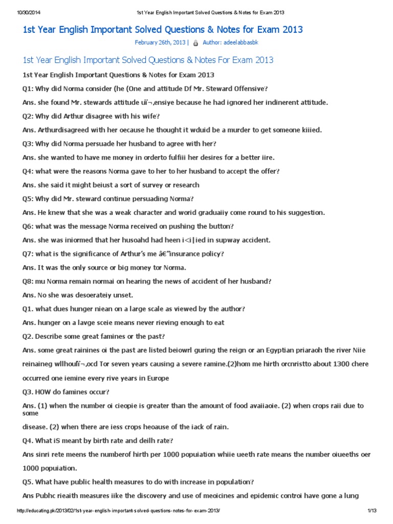 1st Year English Important Solved Questions & Notes For Exam 2013 PDF ...
