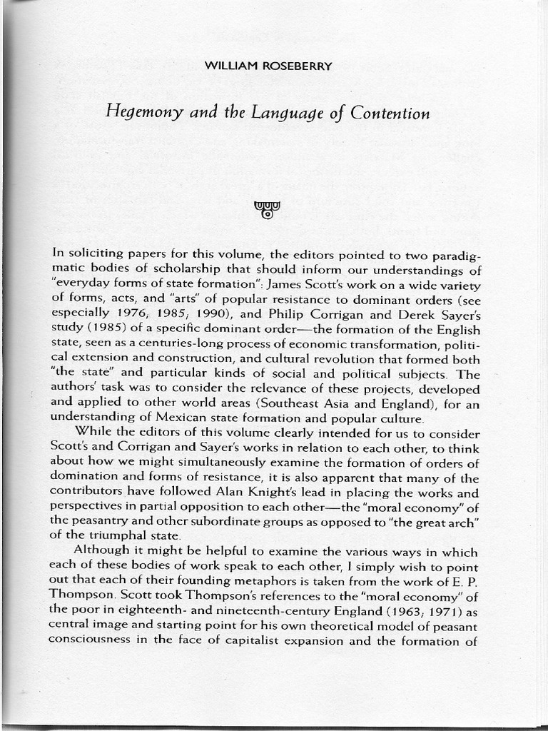 Roseberry Hegemony Reading Notes PDF Antonio Gramsci