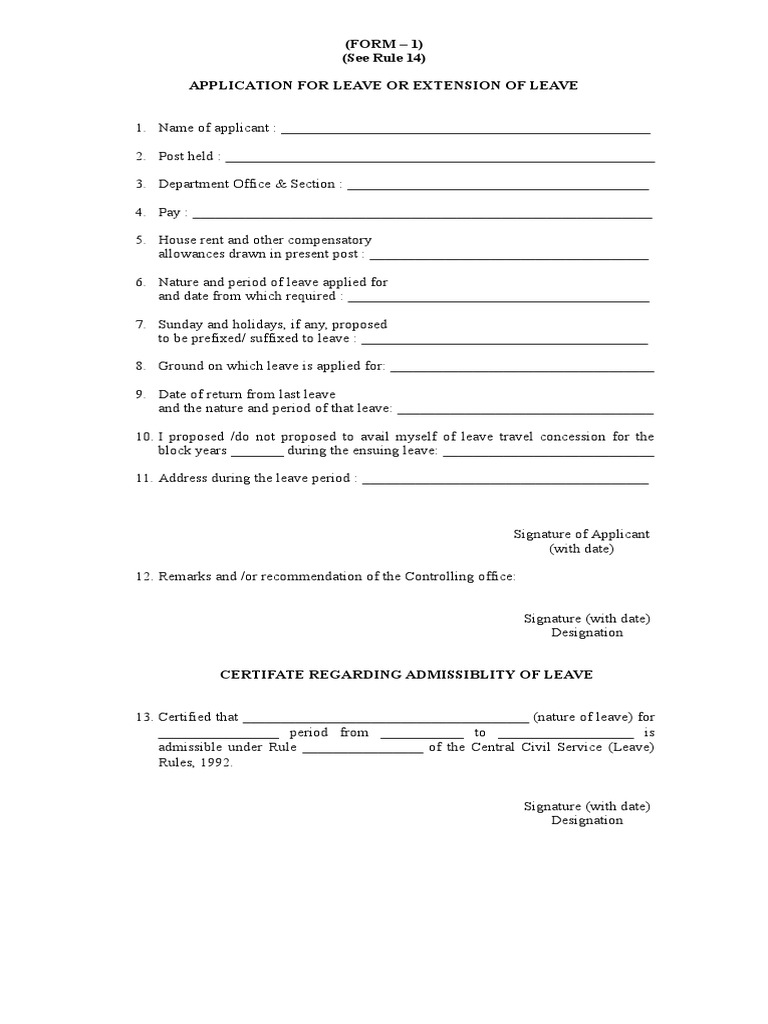 (FORM - 1) (See Rule 14) Application For Leave or Extension of Leave | PDF