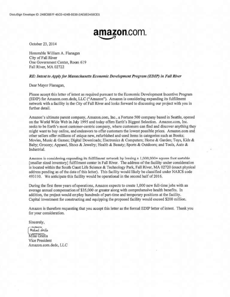 Amazon's Letter Of Intent To Build In Fall River