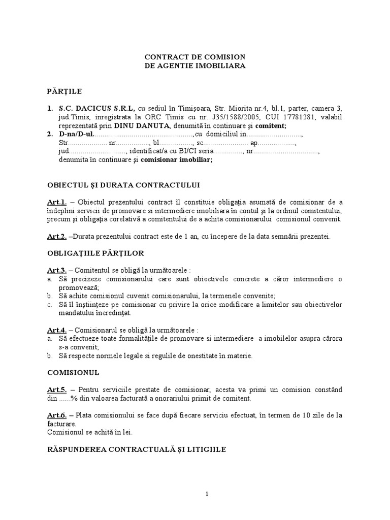 Contract de Comision Agent Imobiliar | PDF