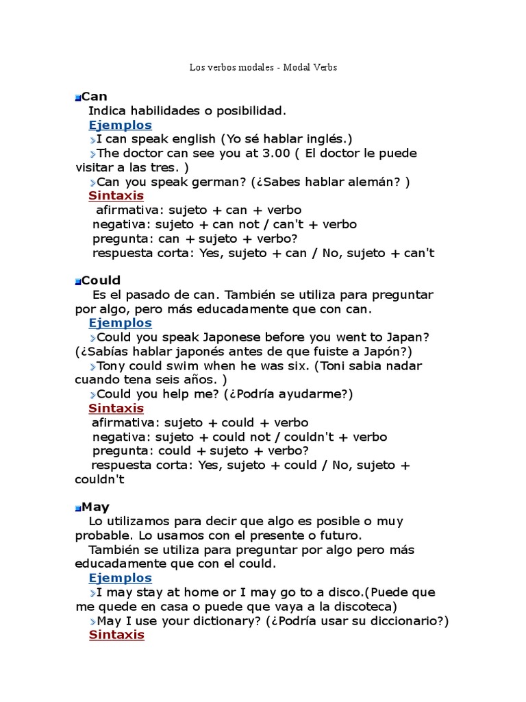Los Verbos Modales 2 Sintaxis Reglas