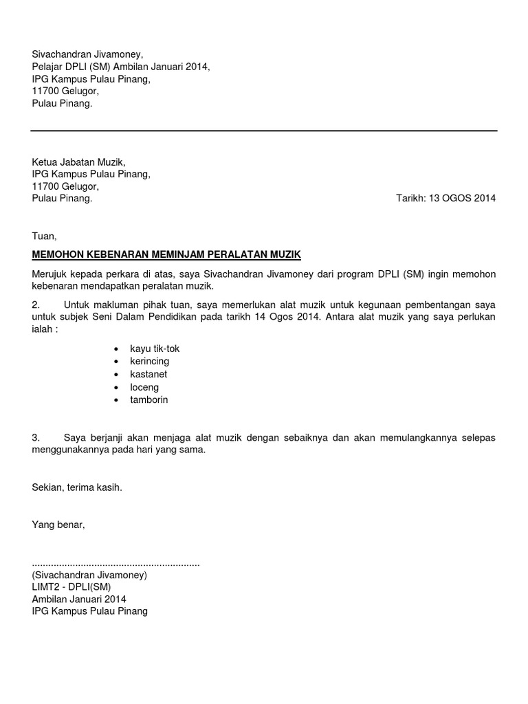 Contoh Surat Rasmi Mohon Pinjam Alat Muzik