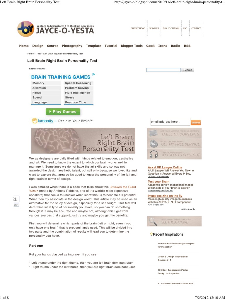 Left Brain Right Brain Personality Test | PDF | Lateralization Of Brain ...