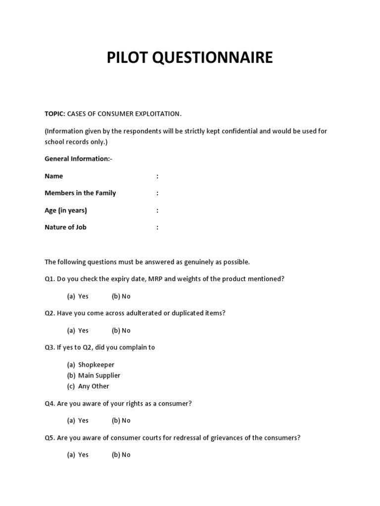 Pilot Questionnaire Topic Cases of Consumer Exploitation PDF