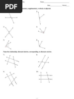 Angle Relationships: Name The Relationship: Complementary, Supplementary, Vertical, or Adjacent