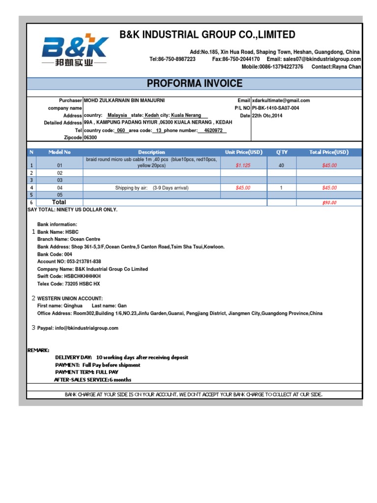 Proforma Invoice for Micro USB Cables | PDF | Business