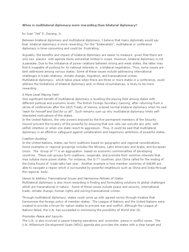 Benefits of Multilateral Diplomacy | PDF | Multilateralism | United Nations