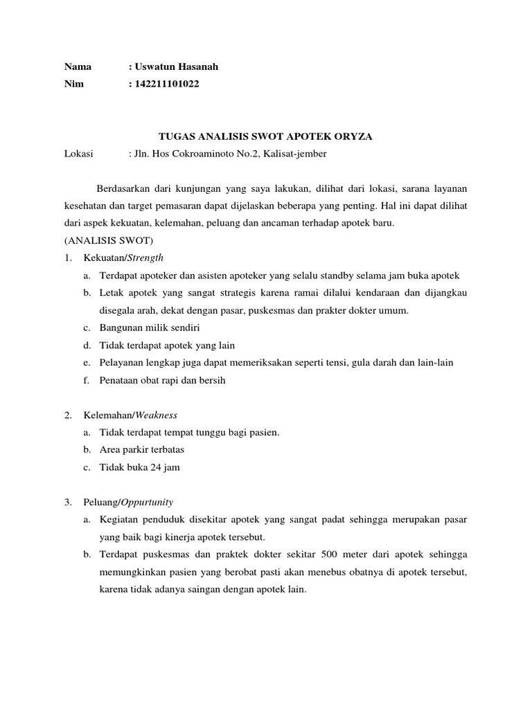 Tugas Analisis Swot Apotek Oryza Docx