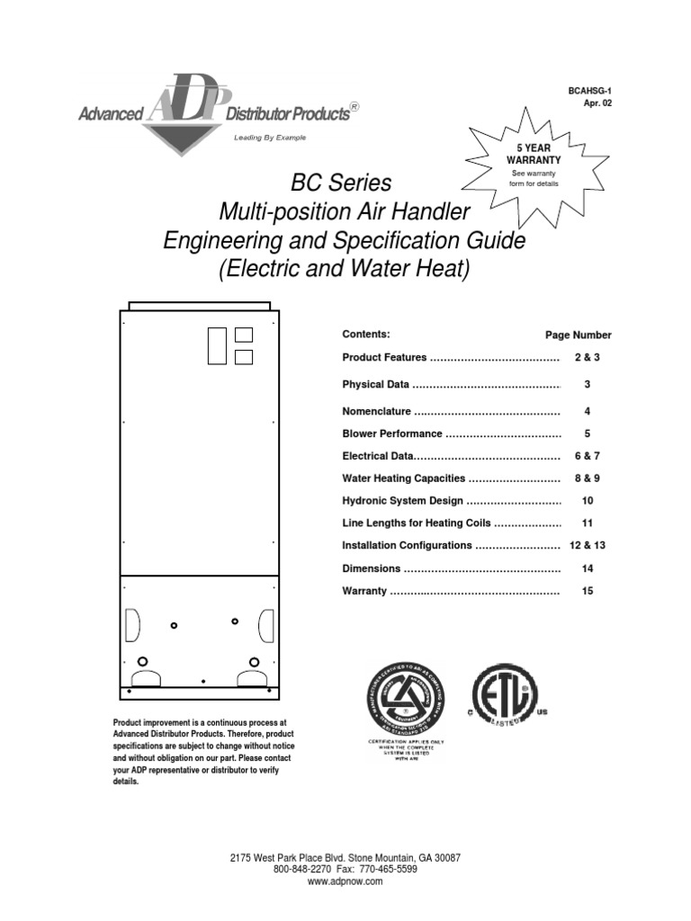 BC Series Multi-position Air Handler (Electric and Water Heat