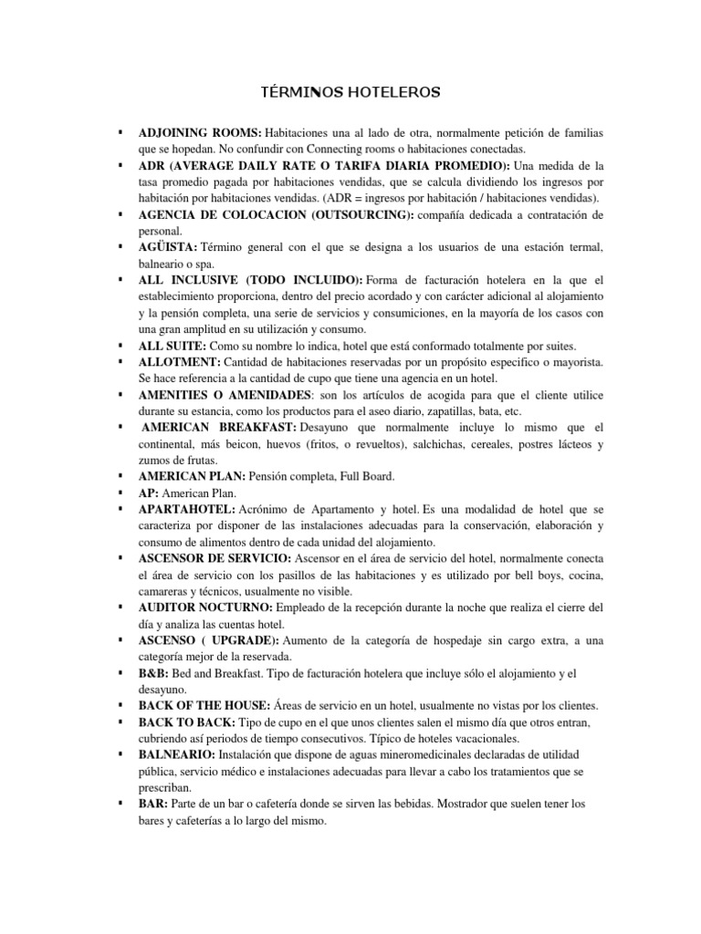Glosario de Términos Hoteleros | PDF | Industria de la hospitalidad | Hotel