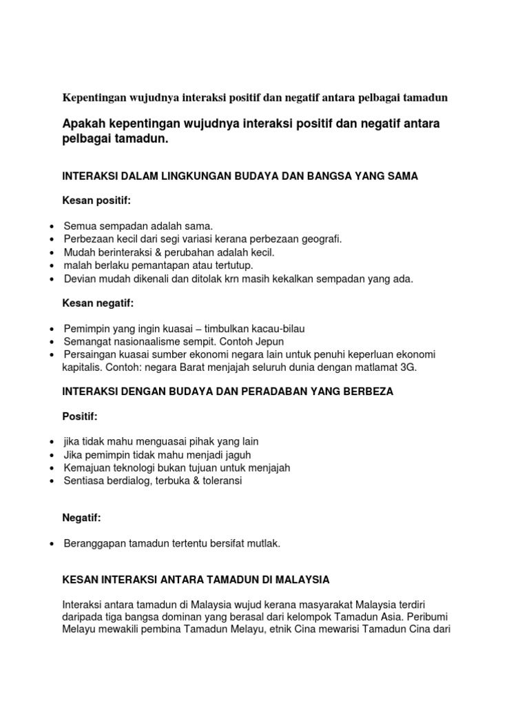 Kepentingan Wujudnya Interaksi Positif Dan Negatif Antara Pelbagai Tamadun Pdf