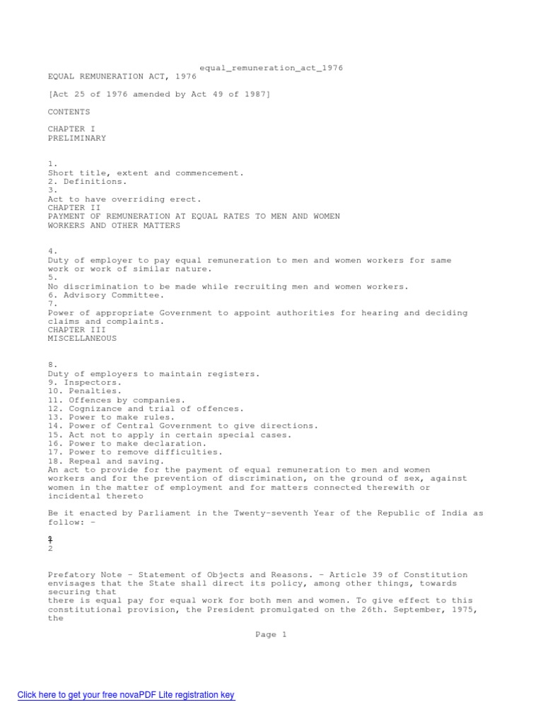 Equal Remuneration Act 1976 Overview | PDF | Employment | Repeal