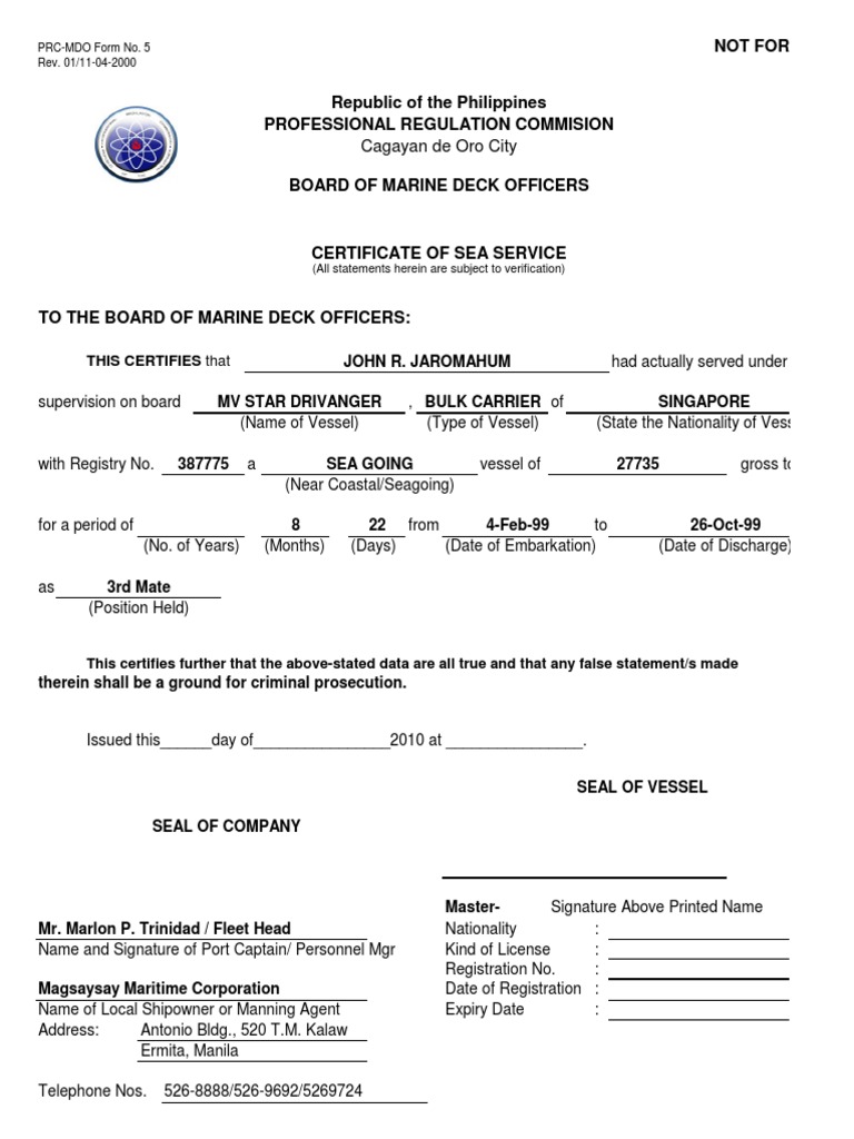 Certificate of Sea Service Verification | PDF | Watercraft | Shipping