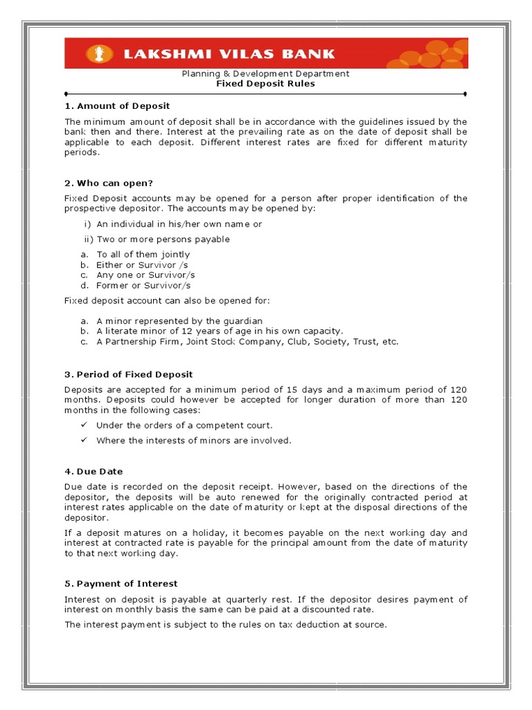 Fixed Deposit Rules Deposit Account Interest