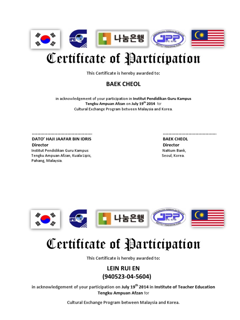 Korea Certificate Of Participation Pdf Malaysia Honorifics