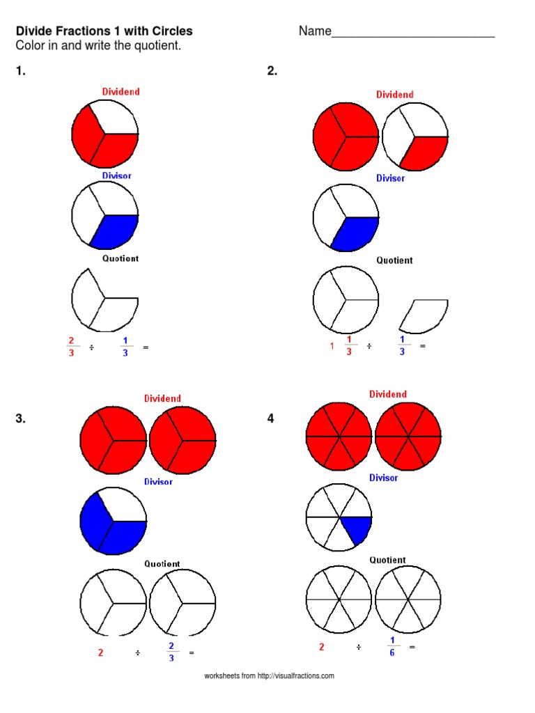 Dividing Fractions Using Visual Fraction Models Worksheets PDF