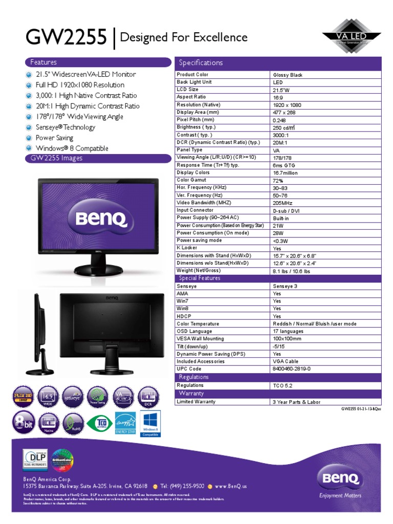 BenQ GW2255 Spec Sheet Computer Monitor Hertz