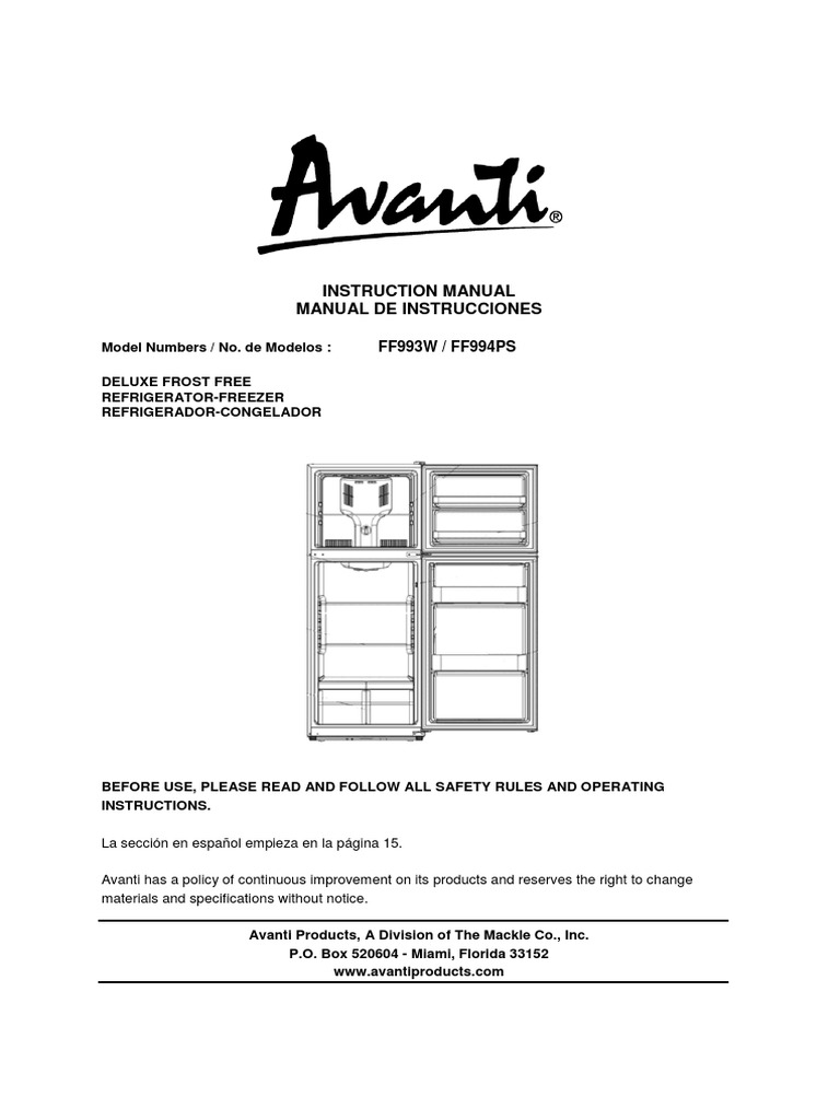 Avanti Fridge Instructions Manual (Model FF993W) | Refrigerator | Ac Power  Plugs And Sockets