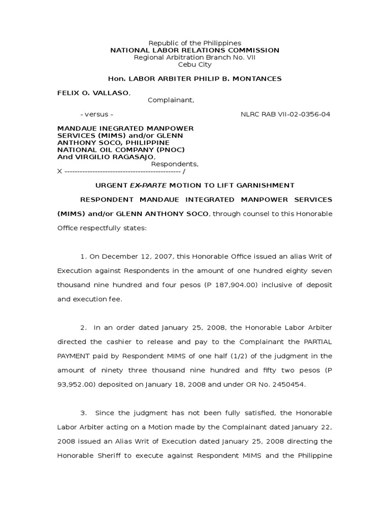 Motion To Lift Garnishment Vallaso vs. MIMS PDF