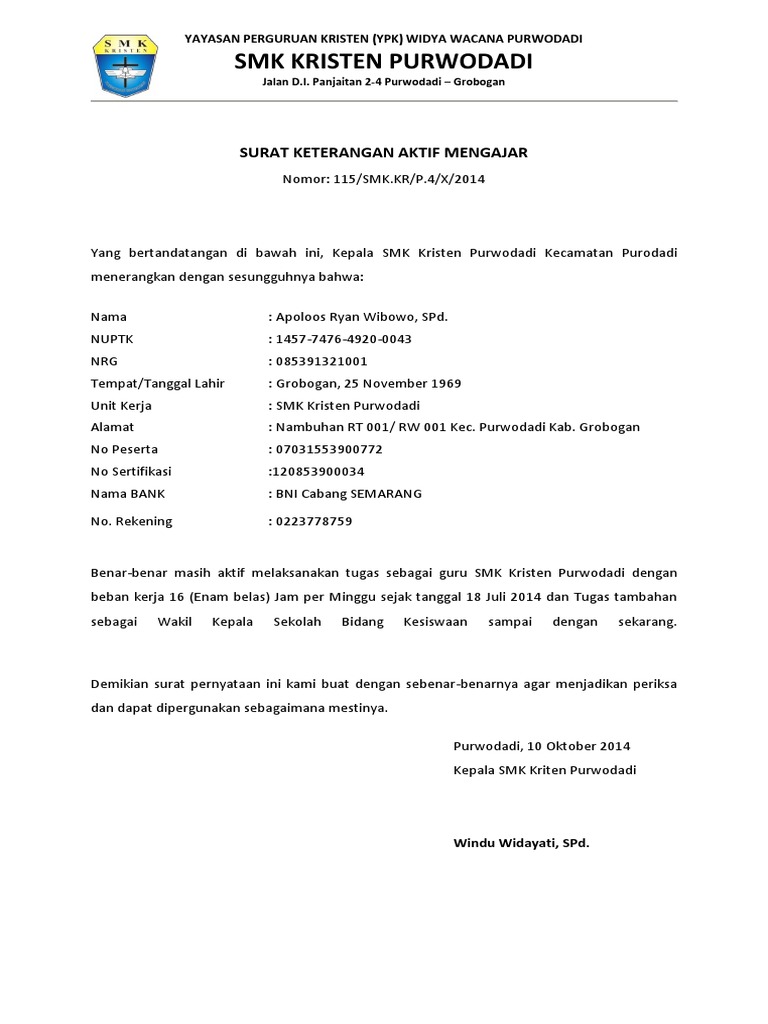 Contoh Surat Keterangan Aktif Mengajar Pdf