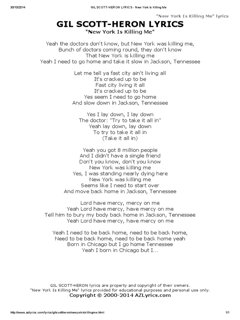 Gil ScottHeron Lyrics "New York Is Killing Me" Lyrics PDF