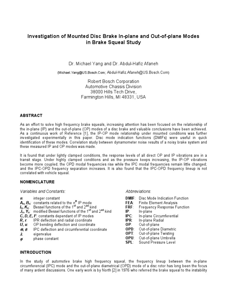 IMAC XXII Conf s28p02 Investigation Mounted Disc Brake in Plane Out