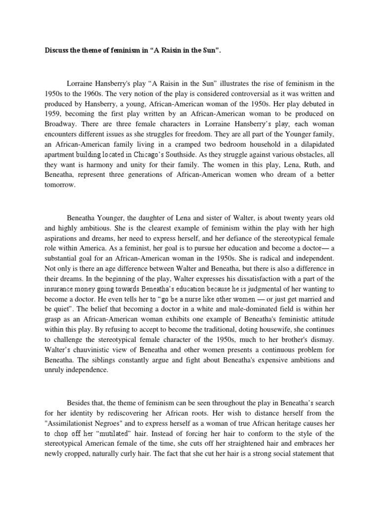 A RAISIN in The SUN The Theme of Feminism in PDF Feminism