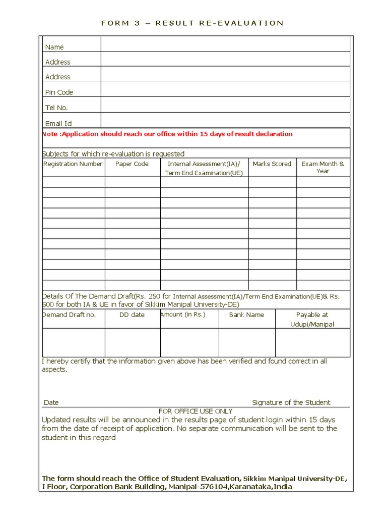 Form 3: Result Re-evaluation Request | PDF | Test/Examination | Business