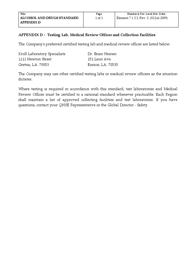APPENDIX D Testing Lab, Medical Review Officer and Collection ...