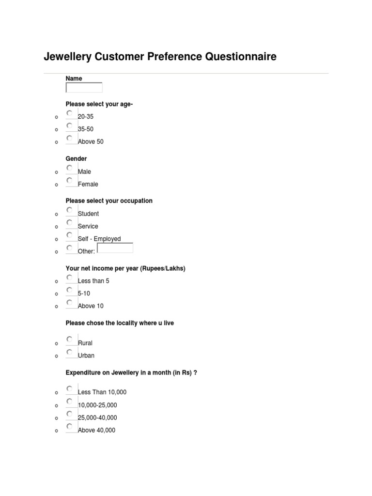 Jewellery Customer Preference Questionnaire PDF Jewellery Jewelry