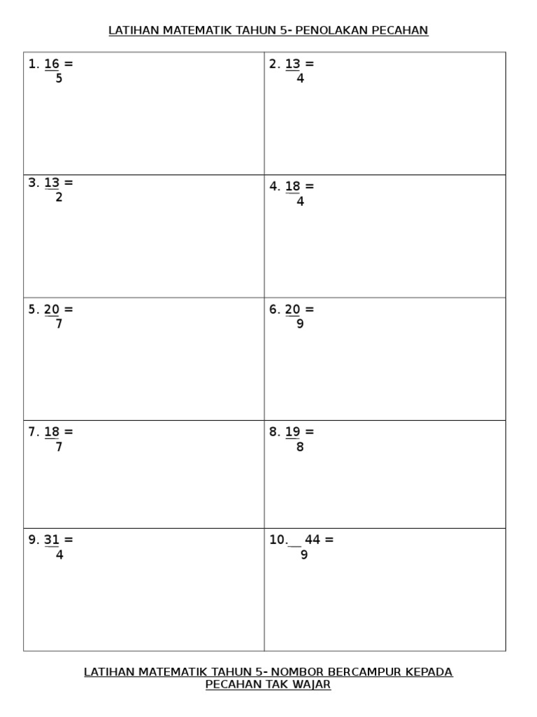 Latihan Matematik Tahun 5 Penolakan Pecahan Pdf
