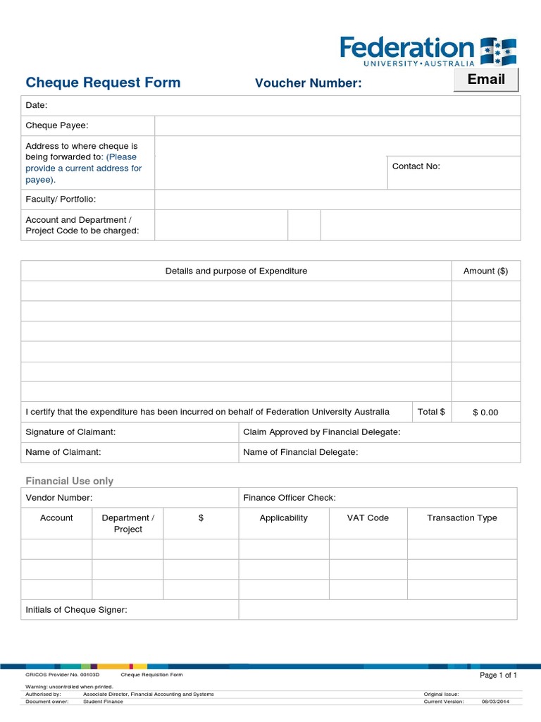 Cheque Requisition Form Finance v1 | PDF