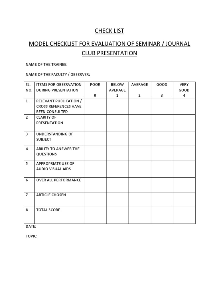 Seminar Presentation Evaluation Checklist | PDF | Cognition | Psychology