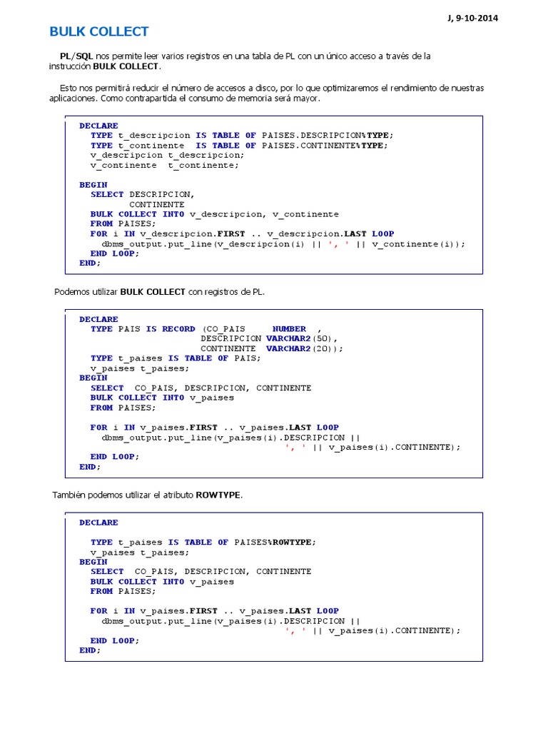Uso de BULK COLLECT en PL/SQL | PDF | SQL | Bases de datos