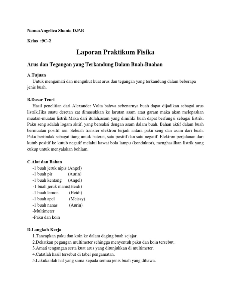 Contoh Laporan Percobaan Kandungan Listrik Pada Buah