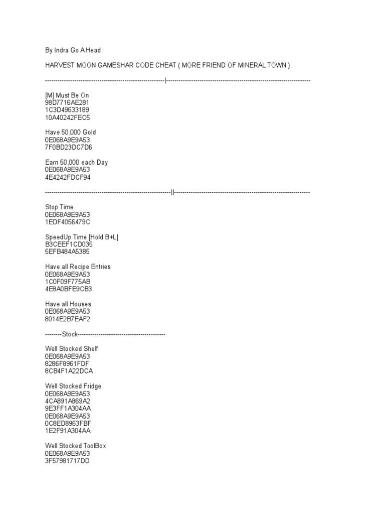 Cheat Harvest Moon More Friend Of Mineral Town Pdf