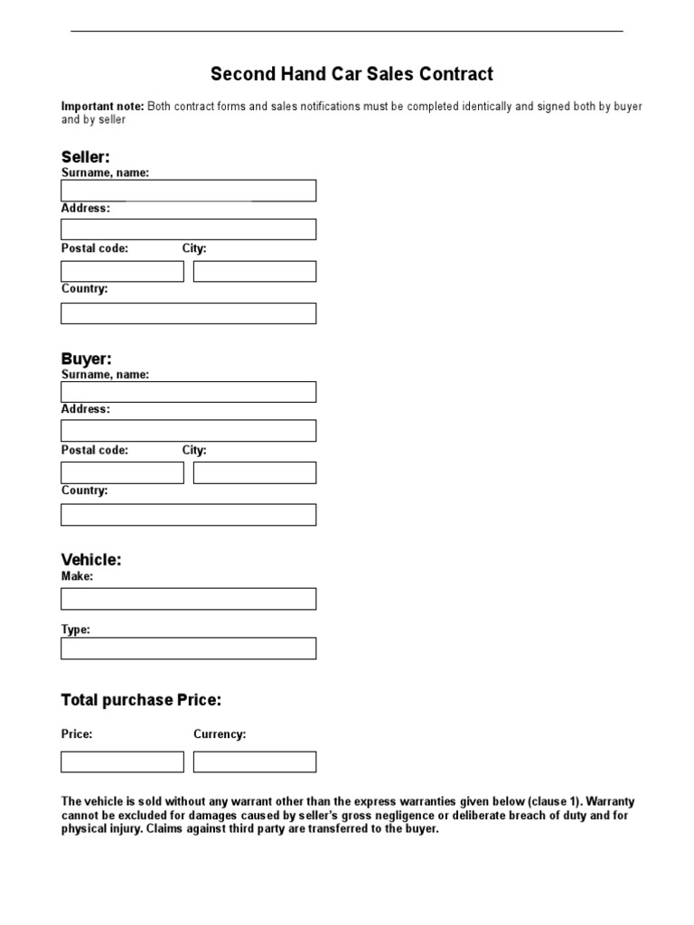 Second Hand Car Sales Agreement Template | PDF