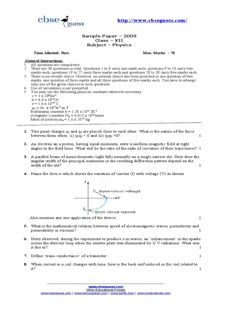 Class XII Physics Sample Paper 2009 | PDF | Inductor | Electromagnetic ...