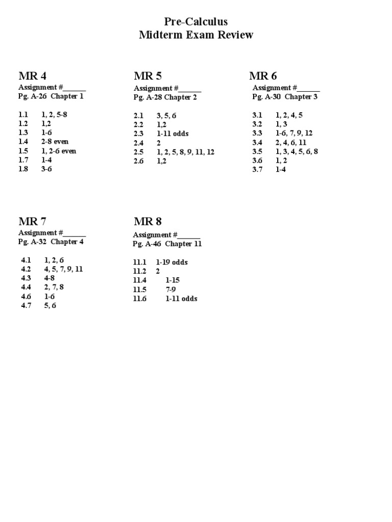 Pre-Calculus Midterm Exam Review Guide | PDF