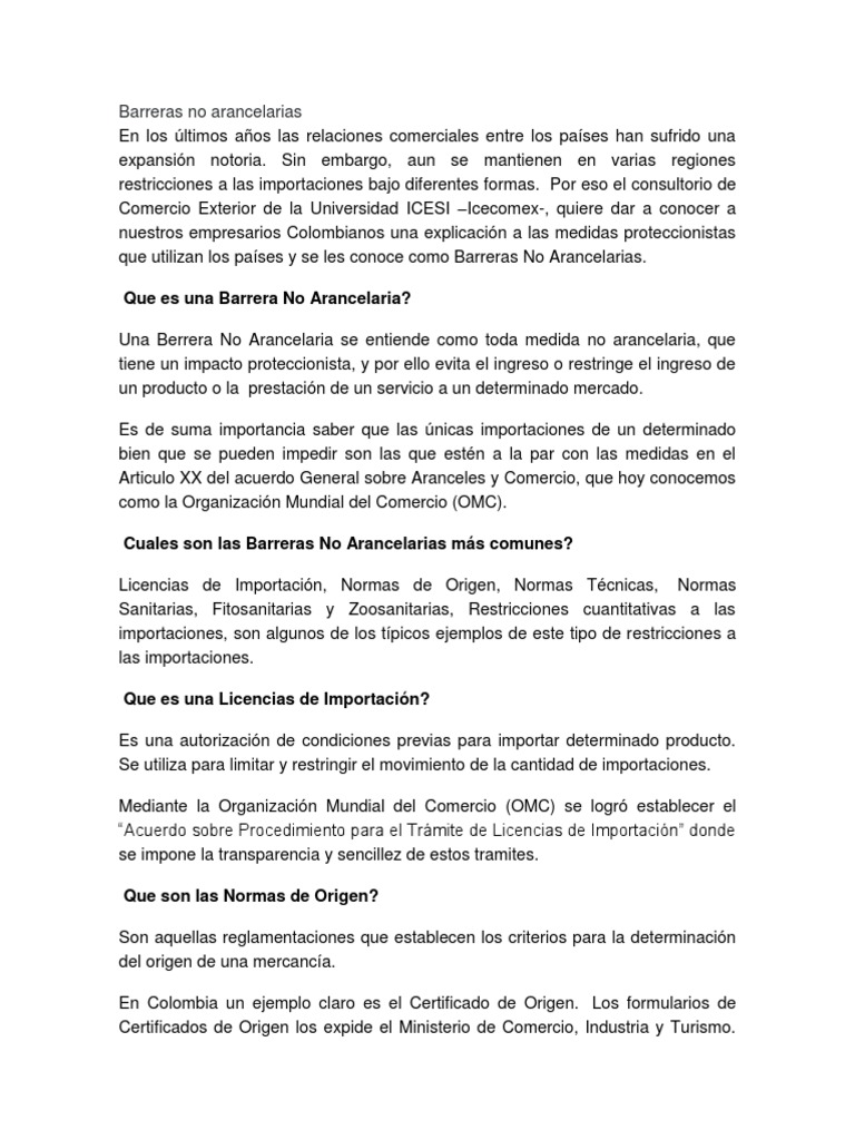 Barreras No Arancelarias Barreras No Arancelarias Al Comercio Arancel