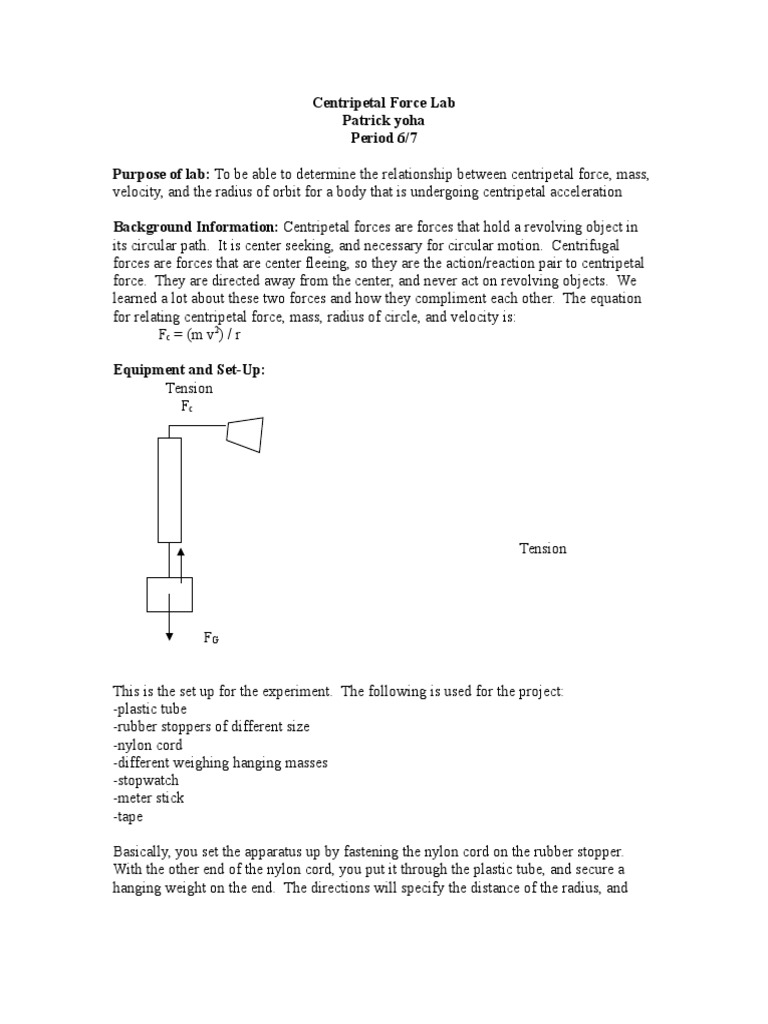 Physics Centripetal Force Lab Report Force Physics & Mathematics