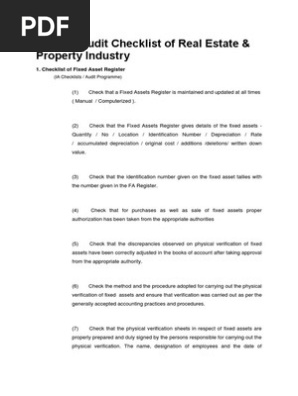 Internal Audit Checklist of Real Estate