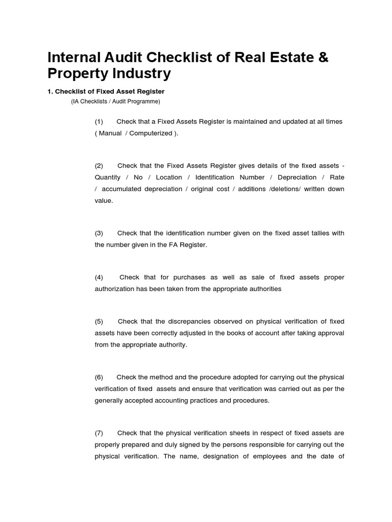 Internal Audit Checklist of Real Estate Debits And Credits Cheque