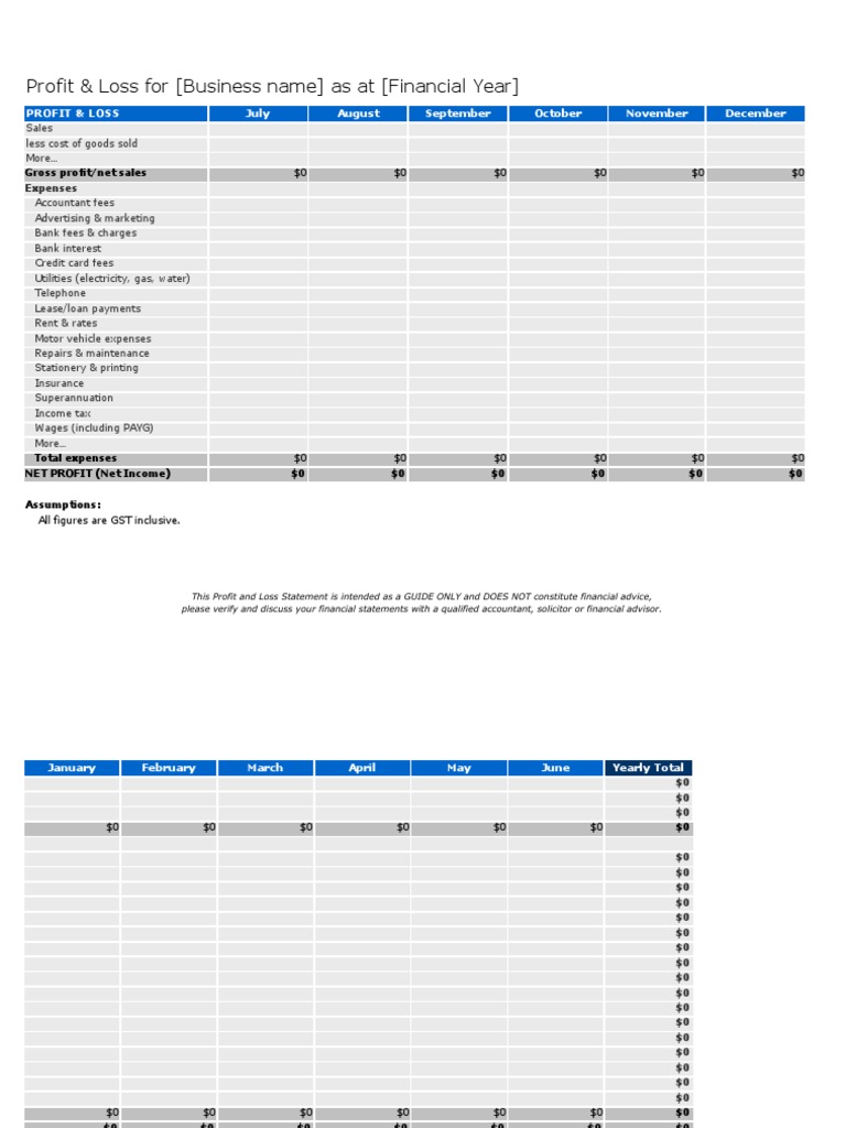Profit & Loss Statement Template Excel | PDF